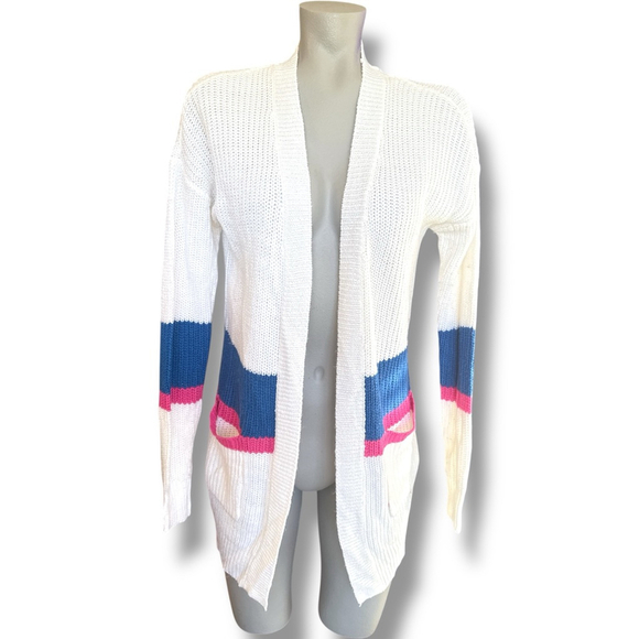 Ultra Flirt Sweaters - Women's Ultra Flirt White Blue Pink Striped Knit Cardigan S